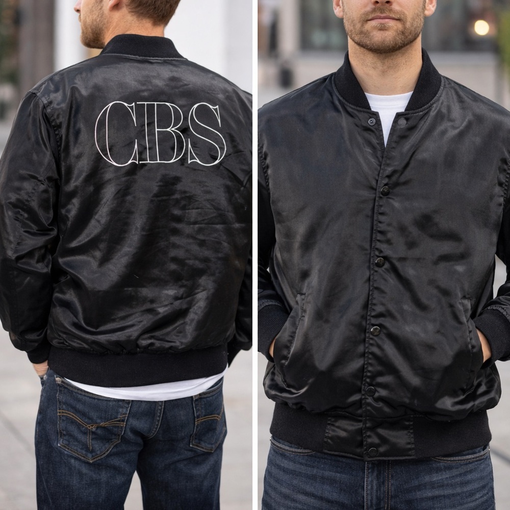 Vintage CBS Satin Bomber Jacket Black Snap Front Crew Style 80s–90s TV Network - Picture 2 of 11